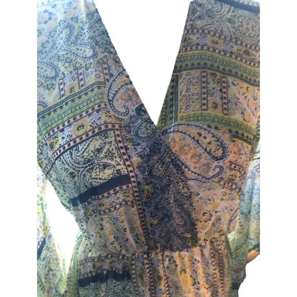 FREE W/PURCH  HAANI Paisley Dress Spring Summer Petite Medium Bell Slv Sheer NWT - Picture 3 of 12